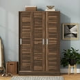 thumbnail image 3 of Modern 3-Door Shutter Wardrobe with Shelves and Hanging Rod, Wardrobe Armoire Closet, Clothes Storage Cabinet Organizer for Small Spaces, Guest Room, Walnut, 3 of 6