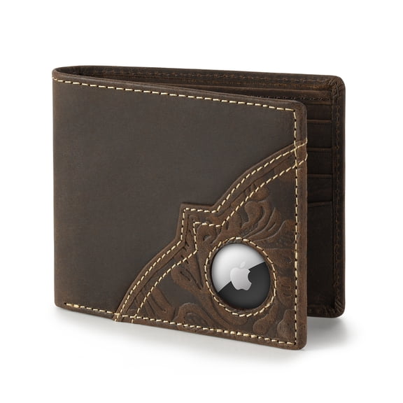 Wrangler Men’s Bifold Slim RFID Blocking Wallet, Genuine Leather, Casual Everyday 11-22 Card Capacity with AirTag Holder Window (Brown)