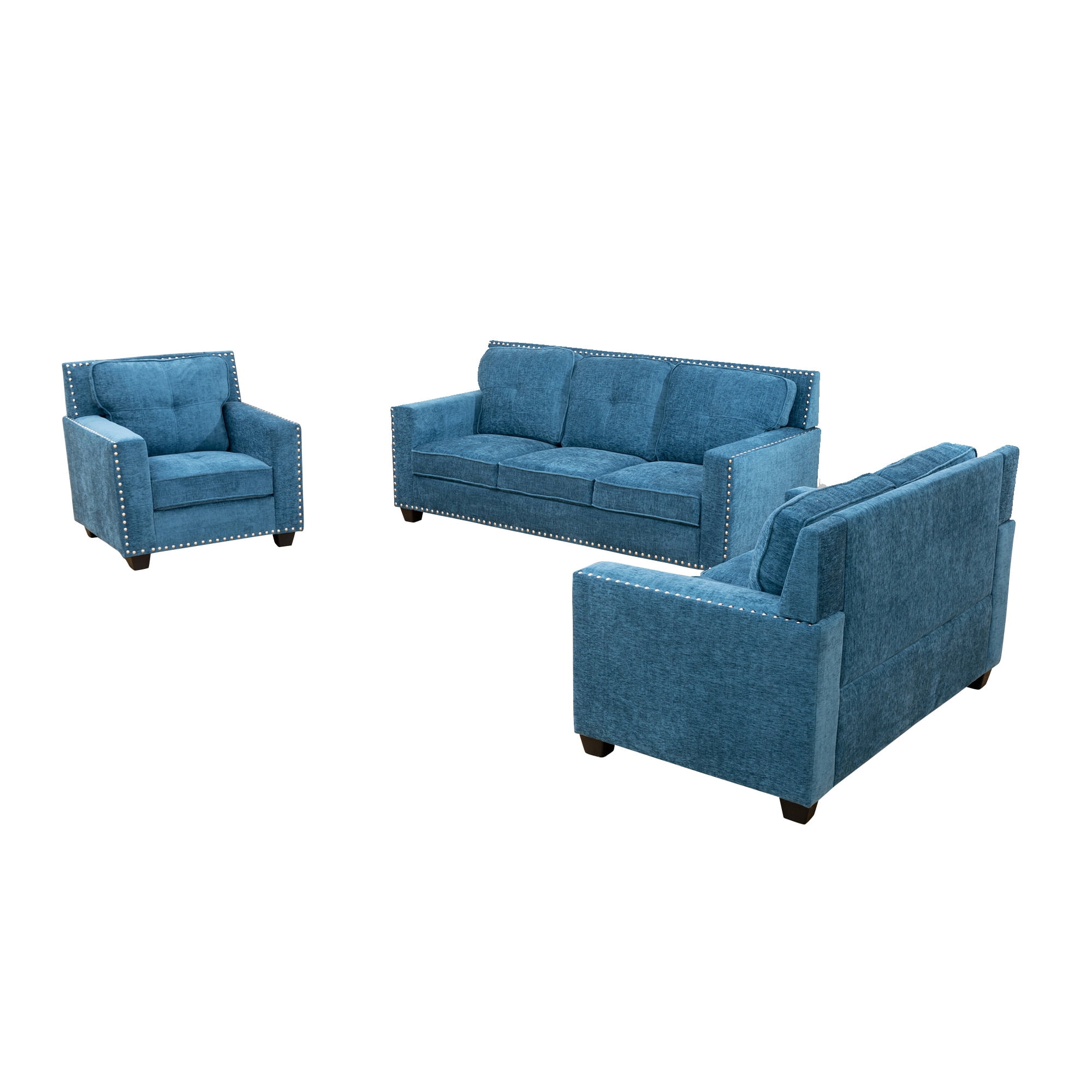 Aukfa 3-Piece Module Sofa Set for Living Room, 3-Seater Deep Seat Couch, Loveseat, Armchair, Linen, Blue