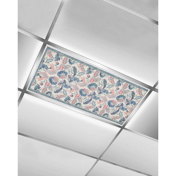 Fluorescent Light Covers for Ceiling Lights 1 Pack, Teal Blue Red Ethnic Magnetic Ceiling Light Covers 2x4ft for Classroom Office School, Boho Modern Geometric Abstract Art Drop Ceiling Light Shade