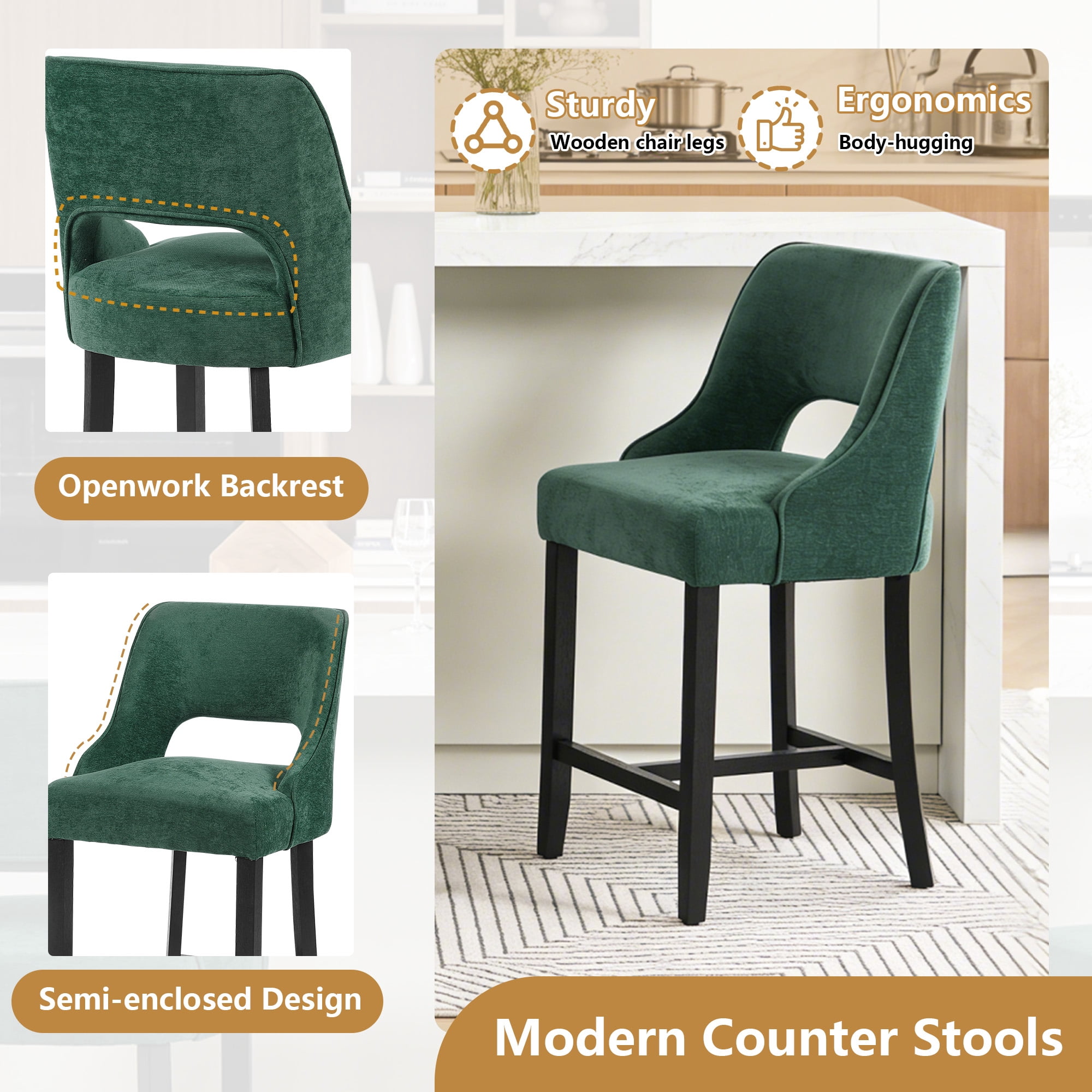 ClinQ 26" Counter Height Bar Stool Set of 1, Upholstered Bar Chair with Back, Walnut Curved Footrest for Kitchen Island, Darkgreen