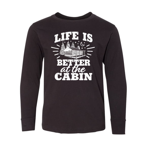 Inktastic Life is Better at The Cabin with Trees and Moon Long Sleeve Youth T-Shirt