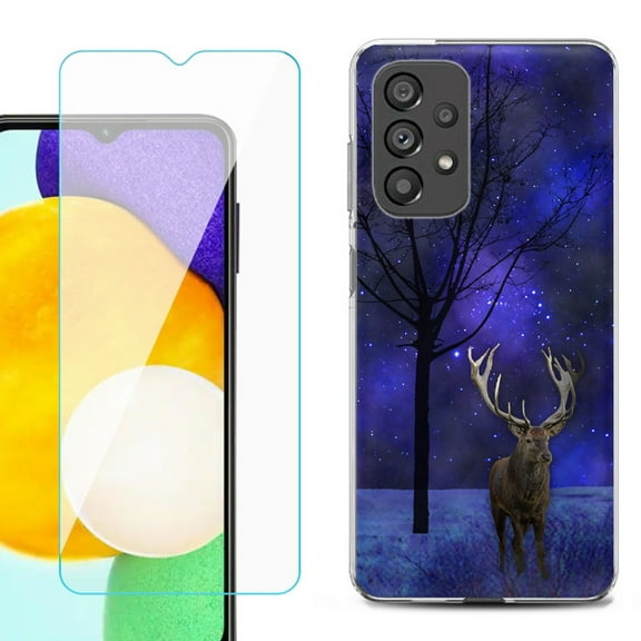 Slim-Fit Gel TPU Phone Case for Samsung Galaxy A23 5G, with Tempered Glass Screen Protector, by OneToughShield ® - Midnight Deer