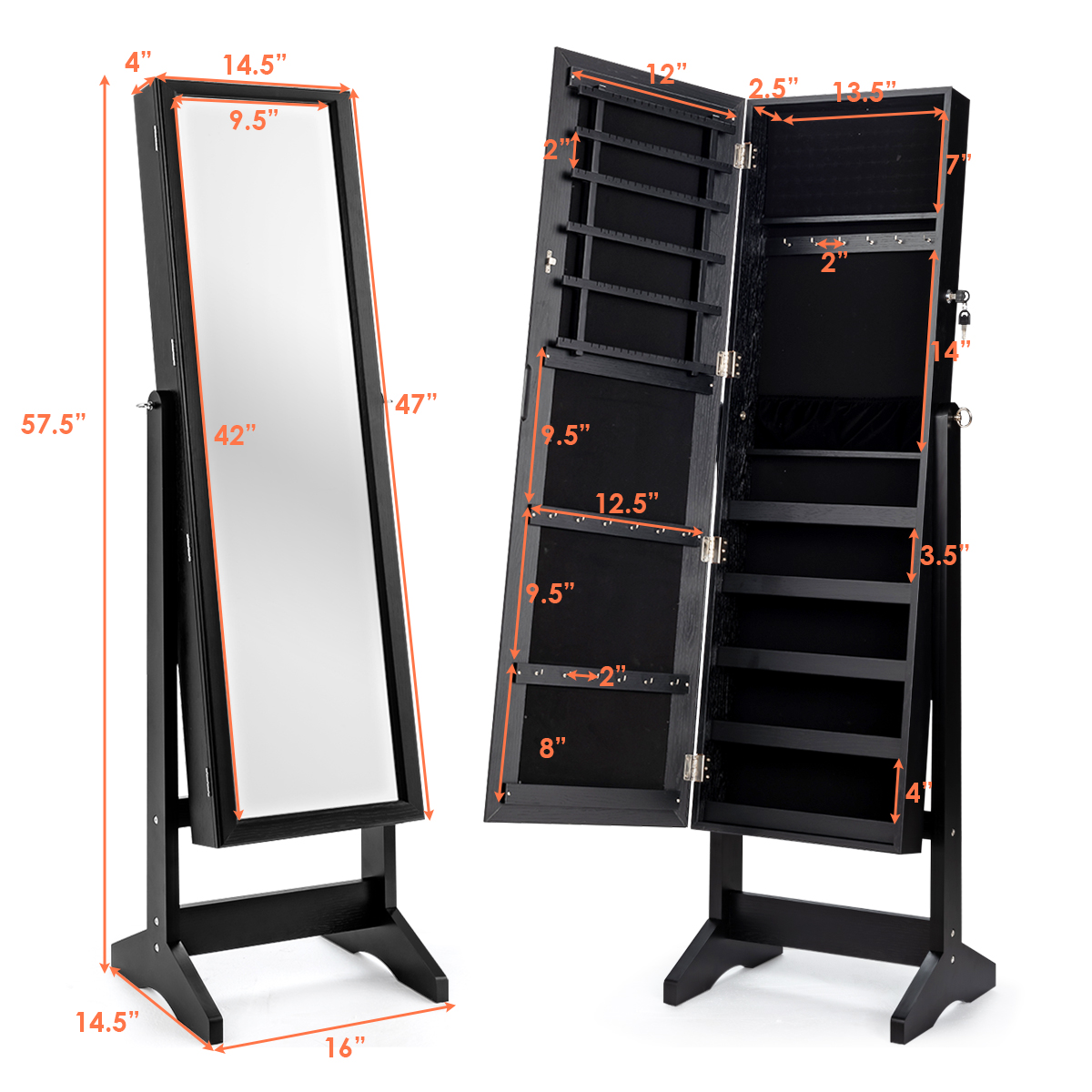 Costway Locking Wooden Floor Jewelry Cabinet Stand, Mirror Armoire ...