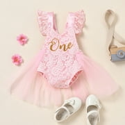 IBTOM CASTLE Baby Girl 1st Birthday Outfit Lace Tulle Romper Princess Tutu Dress Headband Shiny ONE Cake Smash Photo Shoot Clothes 12-18 Months Pink