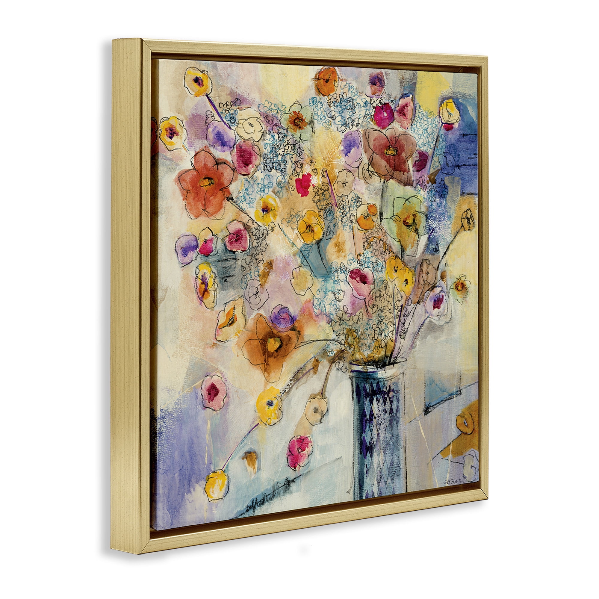 Stupell Industries Chaotic Flowers Line Drawing Abstract Painting Gold Floater Framed Canvas Art Print Wall Art, 18 x 18