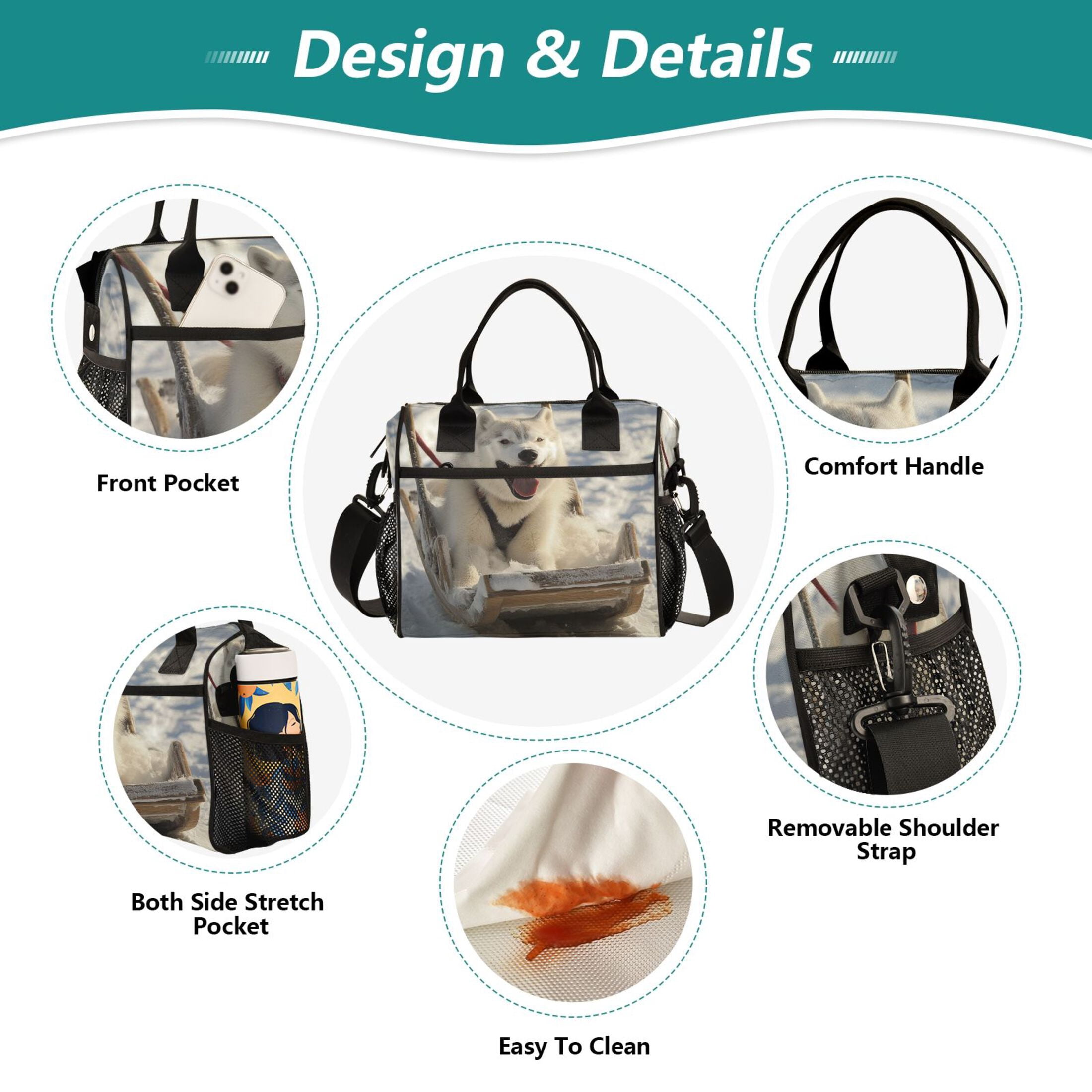 WOBOGO Alaskan Dog on A Sledge Lunch Bag Large Capacity Leak Proof Insulation Soft Adult Men and Women Universal 11×10.6×5.5in