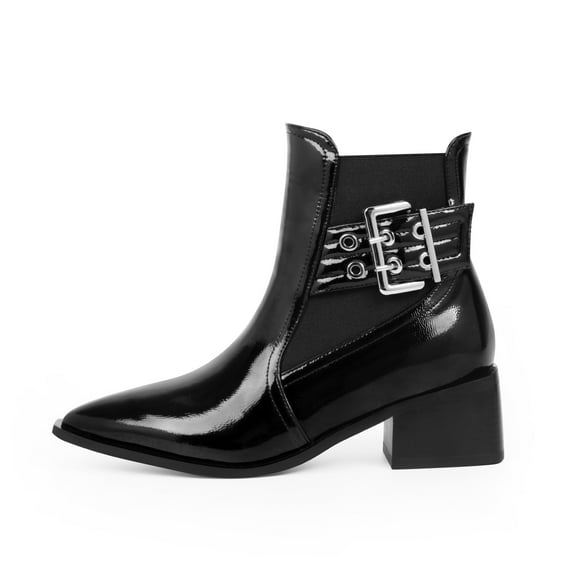 YOWMNS Women's Closed Toe Block Chunky Low Heel Slip On Buckle Strap Ankle Boots Casual Comfortable Elastic Patent Leather Booties (Black, 6)
