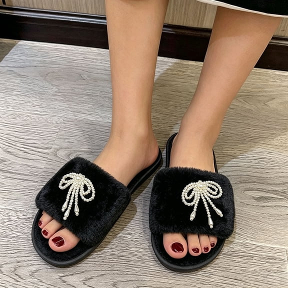 JUSLIO Womens House Slippers, Indoor House Slippers Open Toe Slides Slip On Fuzzy Plush Flat Sole Non Slip Slippers Black