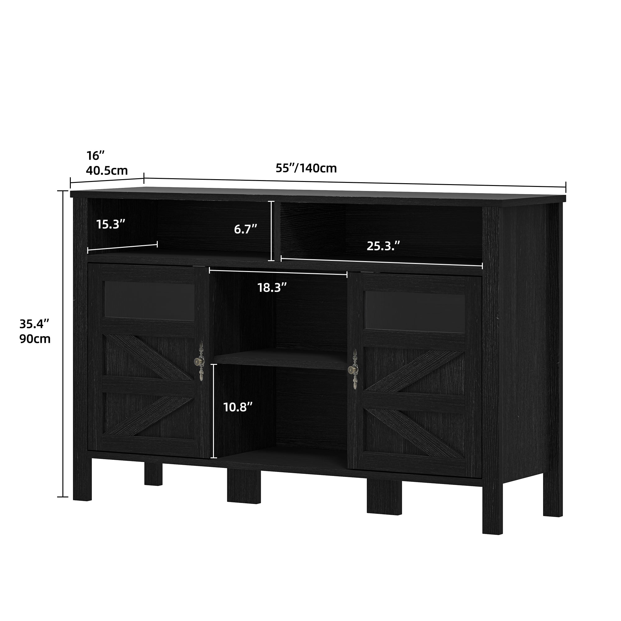 Uforic Farmhouse Sideboard Bar Cabinet with Glass Doors, Adjustable Shelves & Open Storage for Dining Room, Kitchen, Living Room, Black