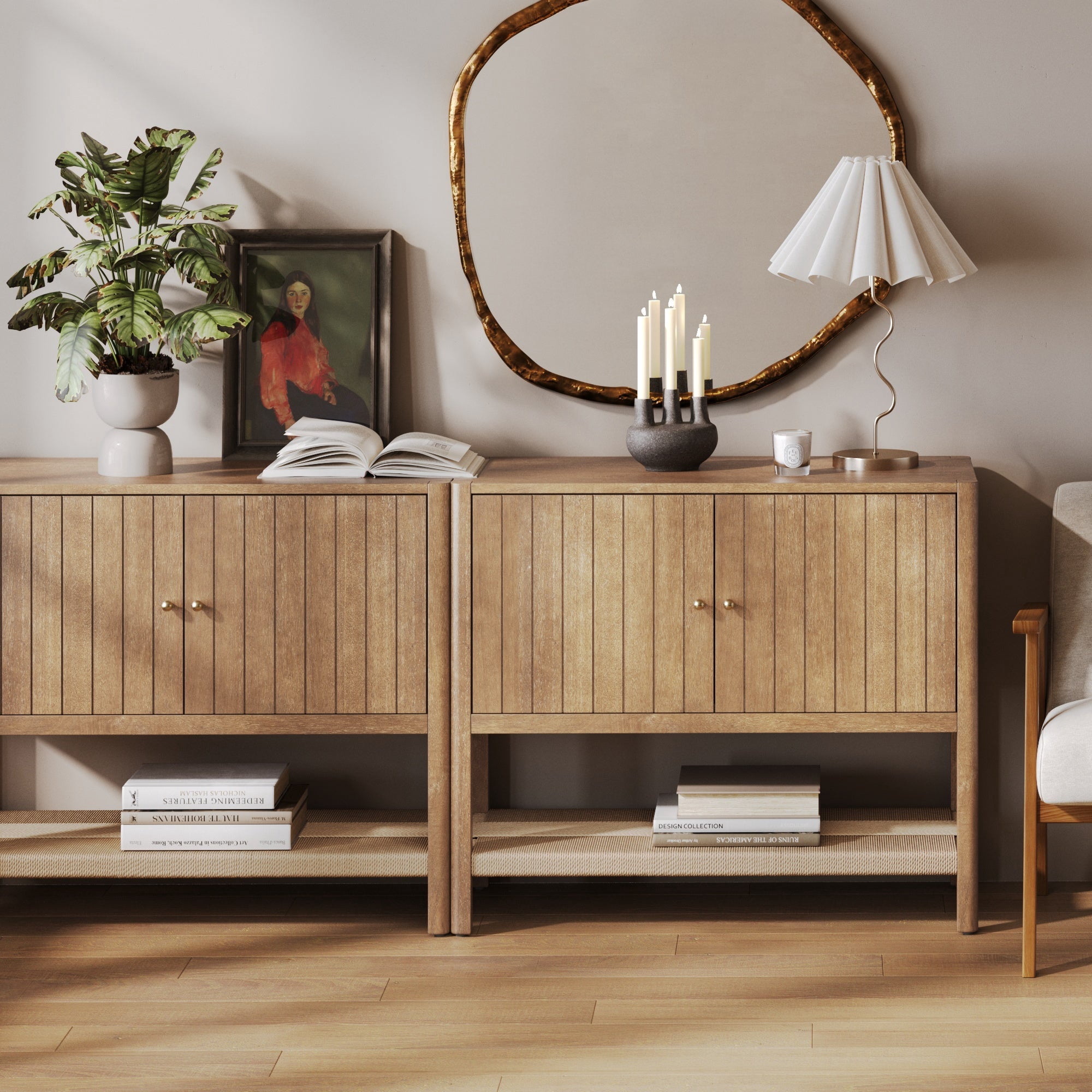 Nathan James Meads Mid Century Modern Cabinet with Doors, Solid Wood Kitchen Cabinet with Adjustable Interior Shelf and Seagrass Bottom Storage, Light Brown