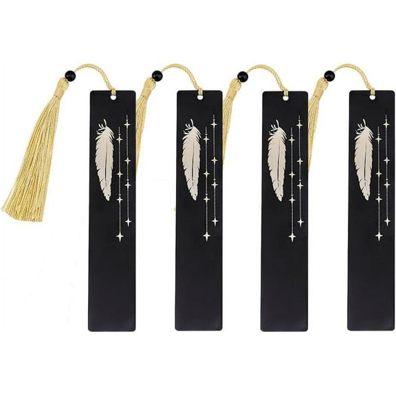PH 4 Pack Stainless Steel Bookmark Feather Bookmarks Black Bookmark with Golden Tasse for Book Lovers Book Marks for Teachers Graduation Retirement Birthday Back to School New Year Gifts