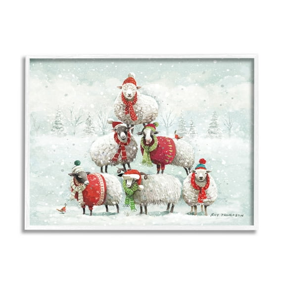 Stupell Industries Winter Sheep Snowy Farm Animals Holiday Painting White Framed Art Print Wall Art