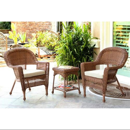 Set Of 3 Honey Brown Resin Wicker Patio Chairs And End Table With Beige Cushion 36 Walmart Com Walmart Com