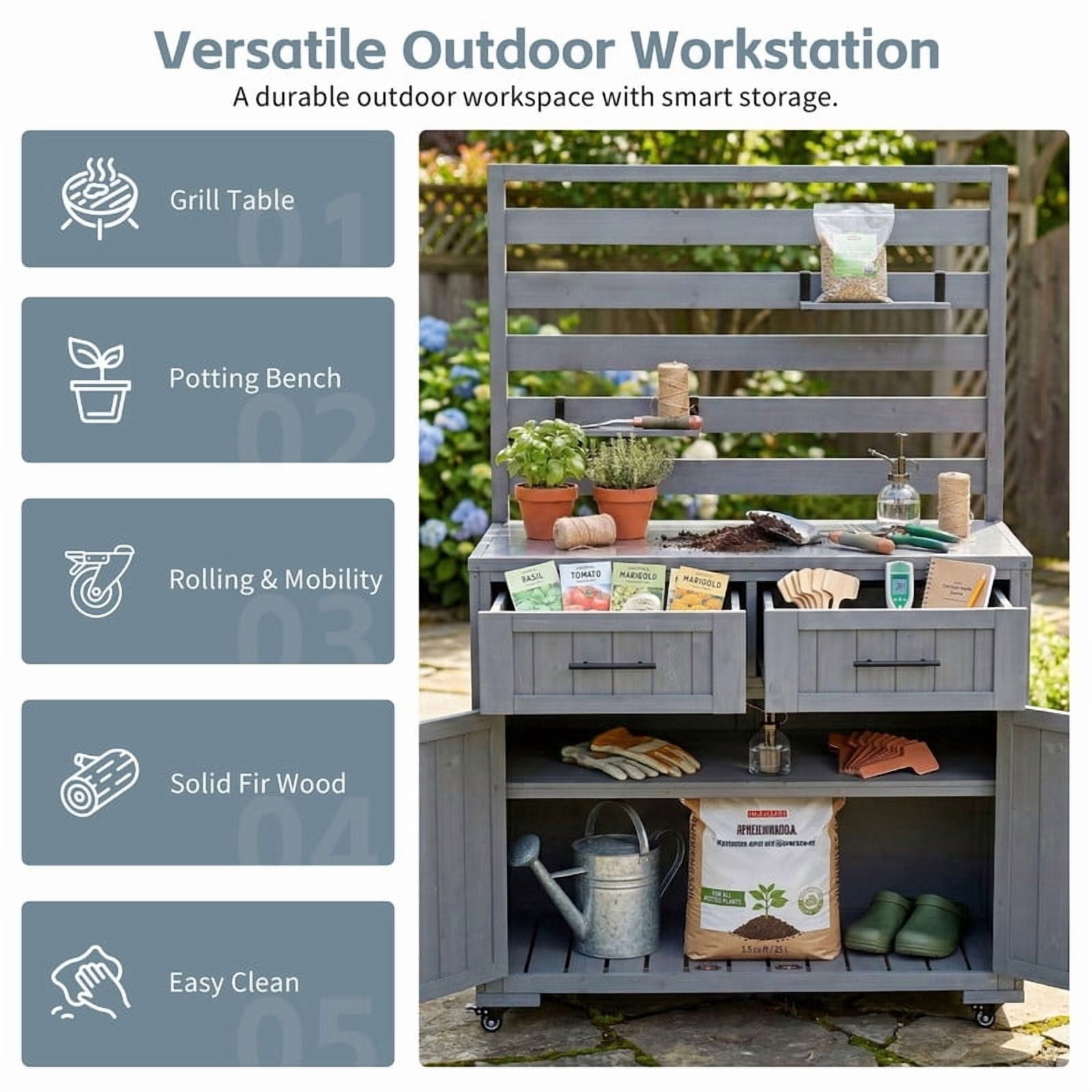 64.9''H Patio Rolling Kitchen Island Grill Table, Garden Potting Bench Cabinet with Stainless Table Top, Movable Shelves & Drawers