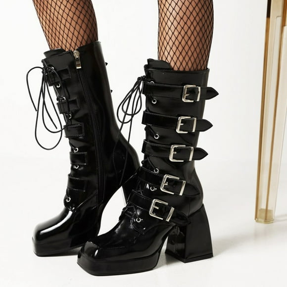 HKEJIAOI High Heel Boots Women's Belt Buckle Side Zipper Thick High Heeled Platform Patent Leather and Velvet Mid Pipe Boots