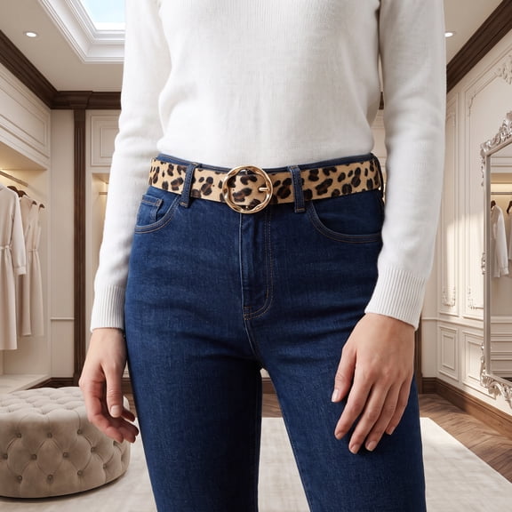 LABSERRON Women's Waist Belt 1 Piece Leopard Print Thin Casual Round Buckle Belt for Jeans Pants and
