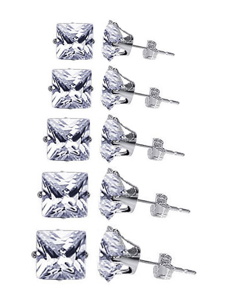 3mm to 7mm Square Clear CZ Cubic Zirconia April Birthstone Sterling Silver Stud Earrings Set