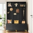 thumbnail image 2 of Large Storage Hall Tree with Bench, Multi-Functional Storage Bench with High Gloss Fluted Doors, Coat Rack with 6 Gold Hooks and Legs for Entryway, Living Room, Black+Gold, 2 of 7