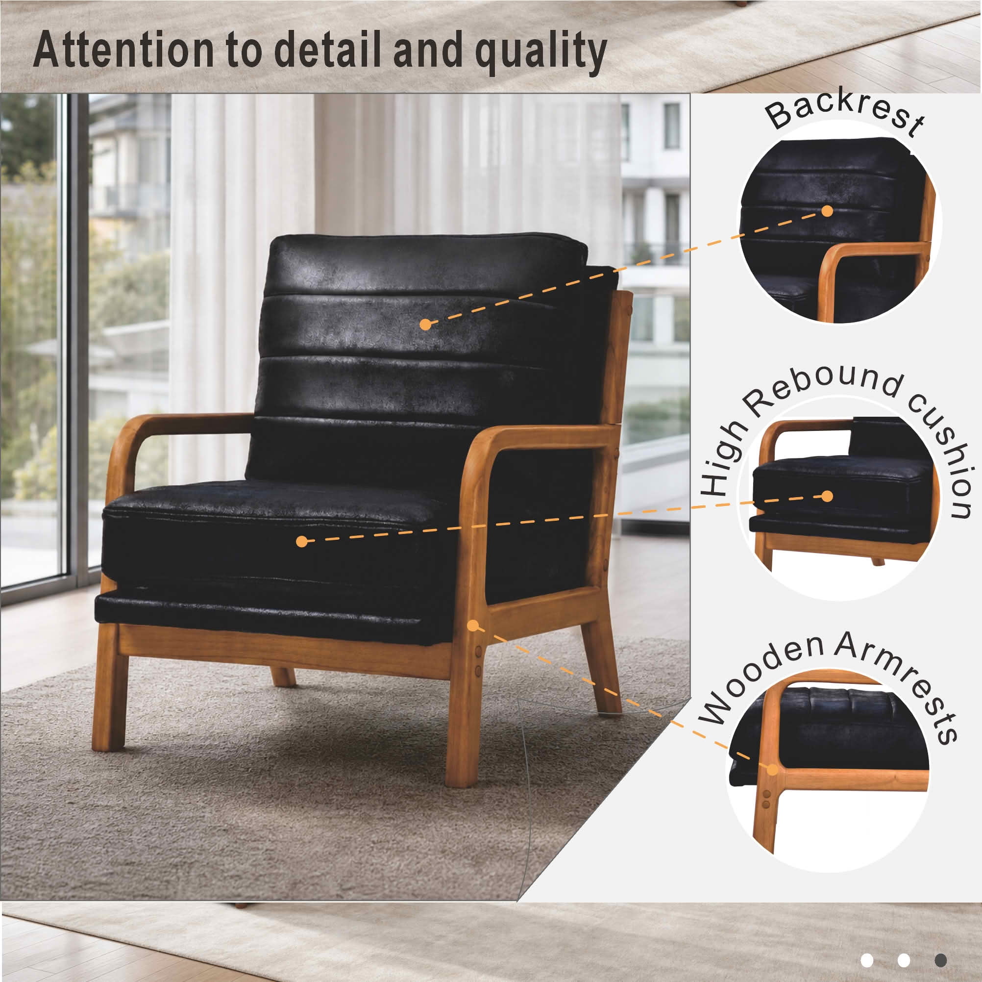 MAYEERTY 26 In Solid Wood Armchair, Curved Armrests, Foil Fabric, Memory Foam, Black, 300 lb