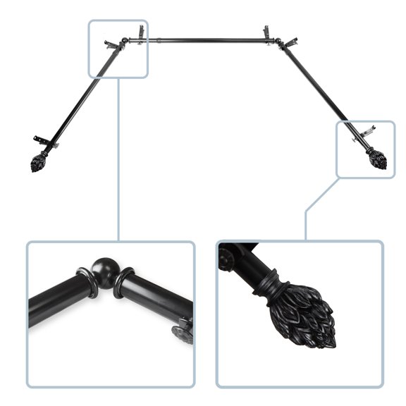 Wilma 13/16" Bay Window curtain rod 20"-36", 38"-72" - Black,(ABay-12-2)