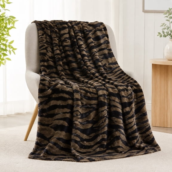 Tiger Print Faux Fur Feel Fleece Throw Blanket, Soft 280 GSM Polyester, Animal Lover Decor