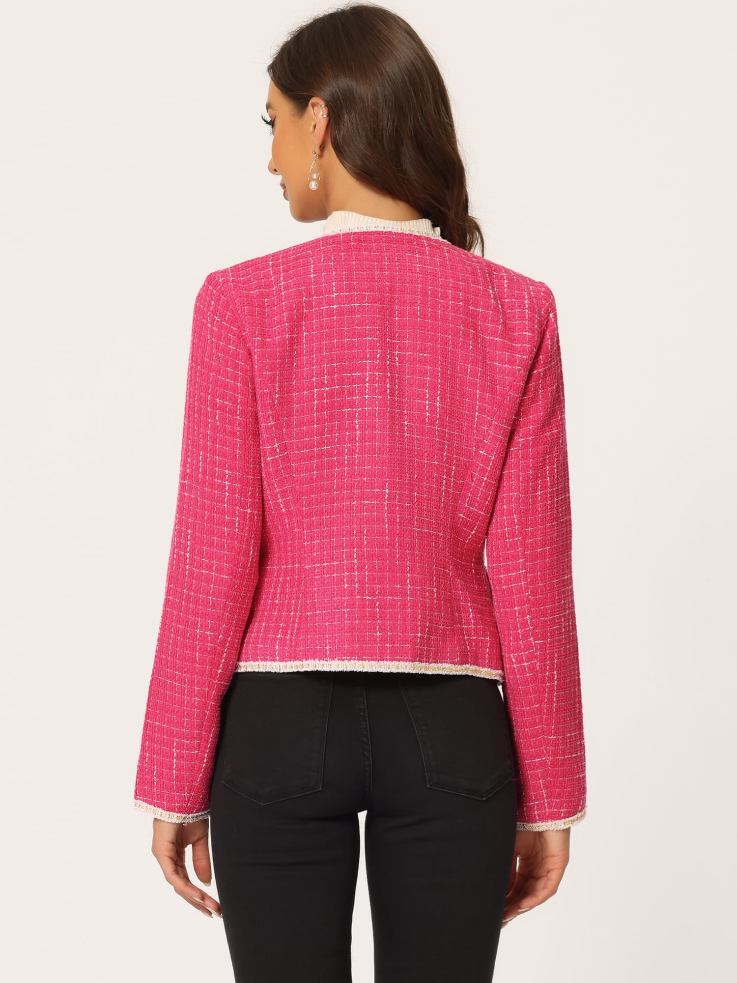 DARING DIVA Plaid Tweed Long Sleeve Open Front Blazer M Hot Pink