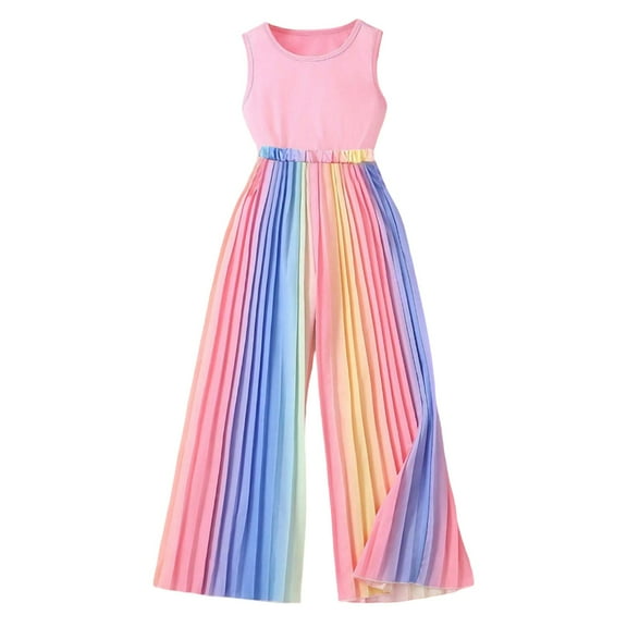 Weebloom Girls Spring Outfits Summer Outfit Pure Color Tank Top With Rainbow Gradient Loose Pants Outdoor Activities Age 7 12 Clothes Set Pink 9-10 Years