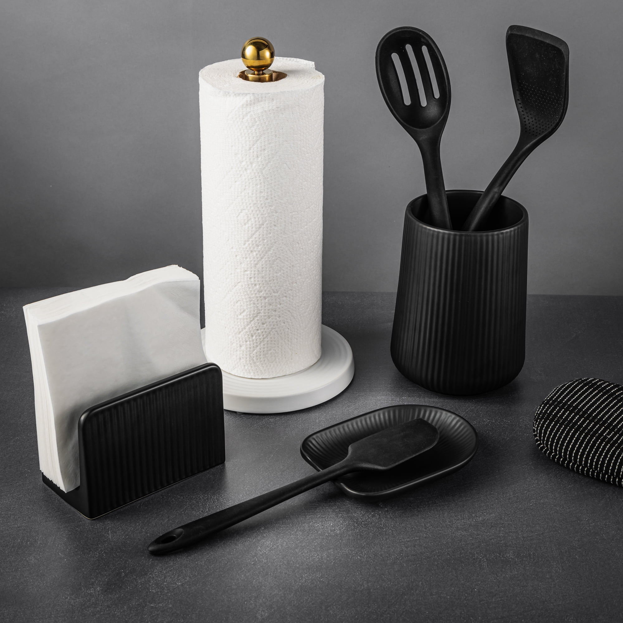 Thyme & Table New Ceramic Ribbed Spoon Rest, Black