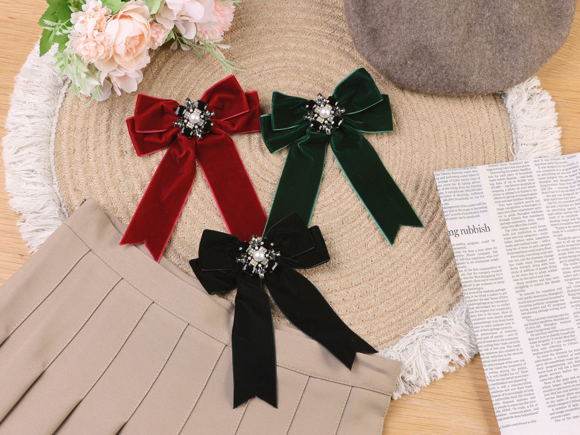 DARING DIVA Women's Elegant Velvet Pre-Tied Bow Tie with Rhinestone Red