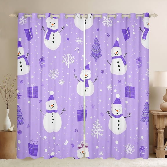 Feelyou Christmas Snowman Black Out Curtains, Winter Wonderland Landscape Curtains Pack of 2 (42x63 Each), Purple Xmas Gift Bedroom Curtains, Luxury Bedroom Decor