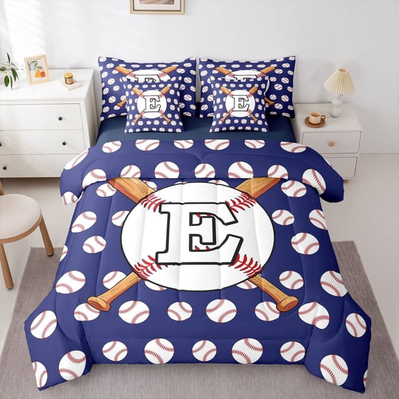 Erosebridal Sport Letter Monogrammed E Twin Bedding Sets 7-Piece for Teens,Baseball Gamer Bedding Comforter Set for Boys Girls,Navy Blue Reversible,Breathable Home Decor