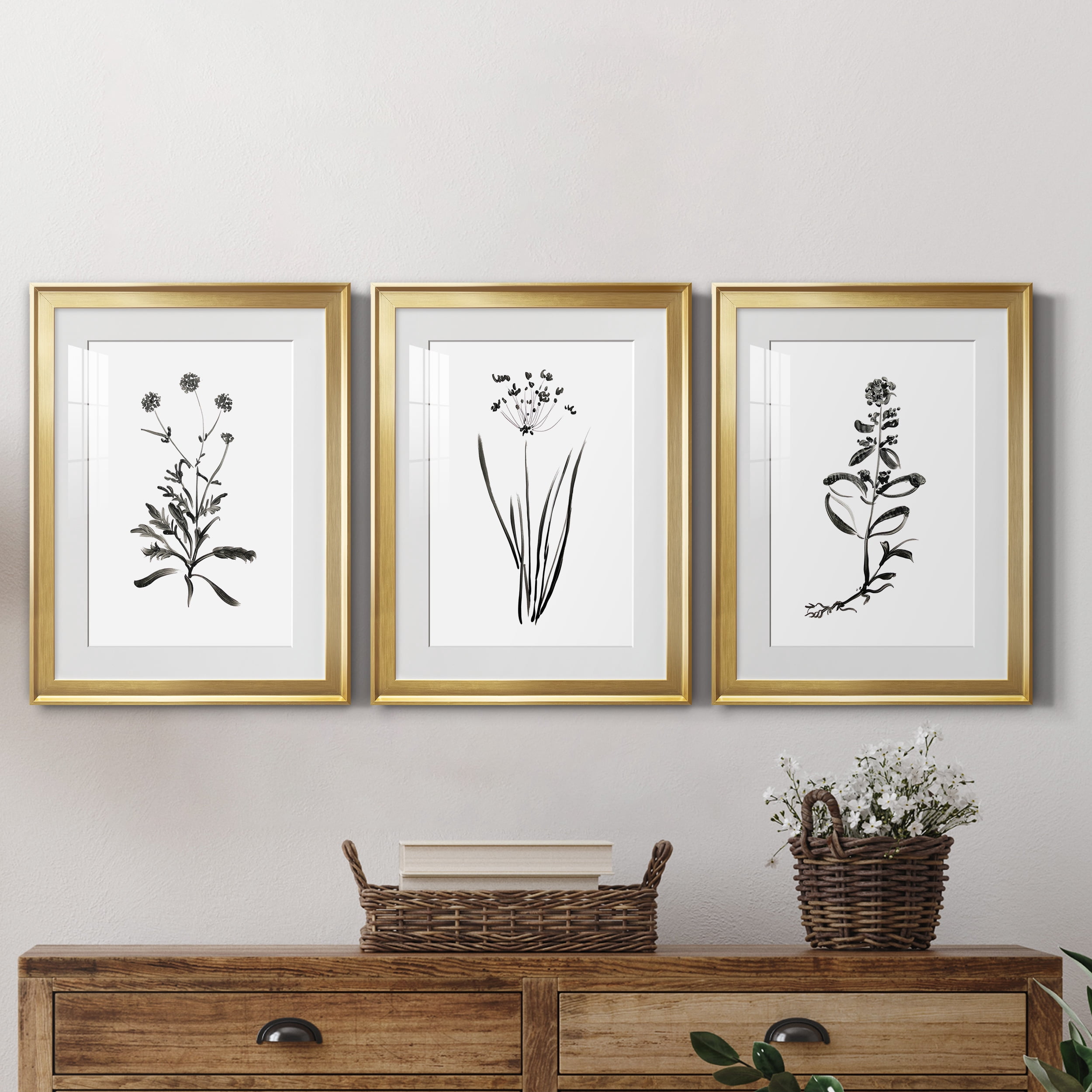 Inky Botanical I Premium Framed Prints Set of 3 - Ready to Hang - 18 x 24 Each - Gold Frame