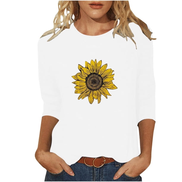 Camisetas Casuales de las Mujeres de Moda Impresa 3/4 Mangas Blusa Cuello Redondo para el Hogar Y Diario