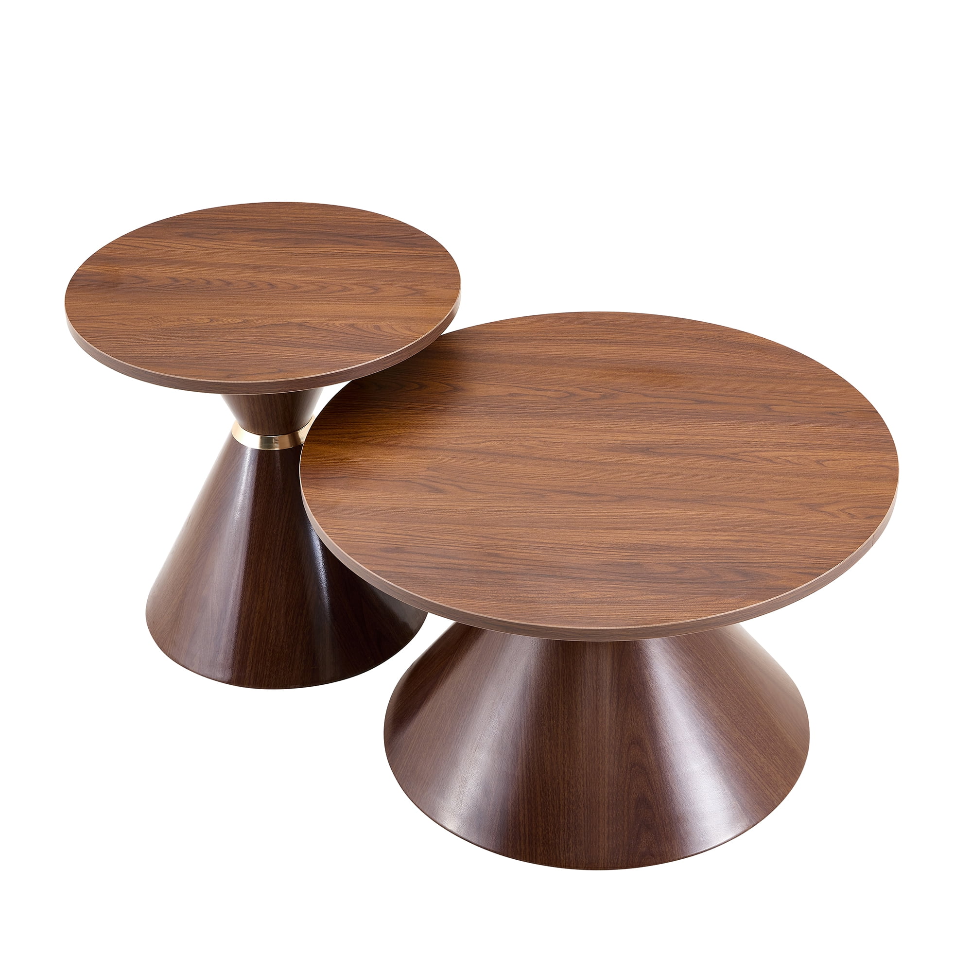 2-Piece Round Nesting Coffee Table Set with Hourglass Design and Metal Base, Mid-Century Accent Tables and Side End Tables for Living Room, Walnut