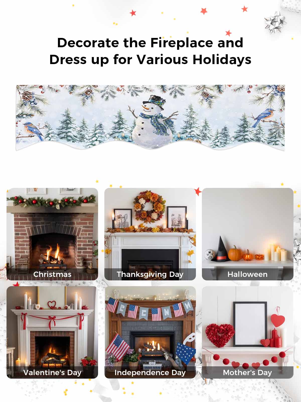 Christmas Snowman Fireplace Mantle Scarf Pine Leaf Forest Birds Berries Blue Snow Mantel Cover Runner Fireplace Cloth for Holiday Party Home Living Room Decor 70 x 17 Inch