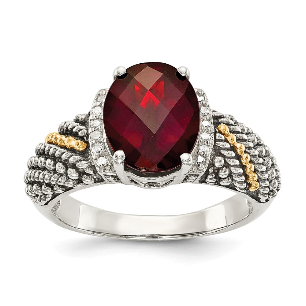 14K Gold and 925 Sterling Silver Two-Tone (0.06cttw) with Garnet and Diamond Ring Size-8 by