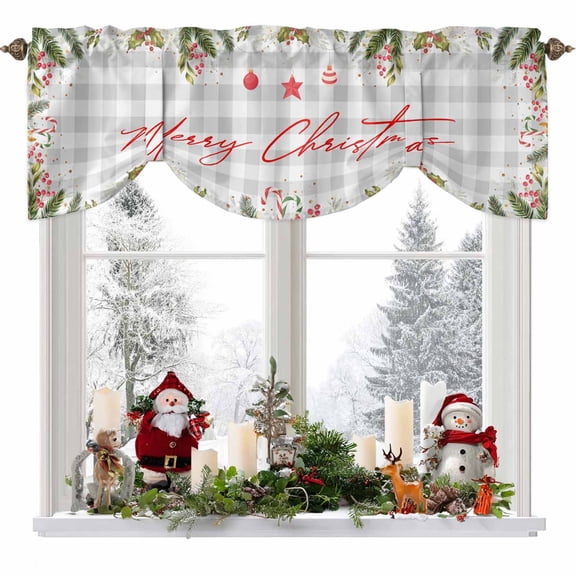 Merry Christmas Tie Up Valances Curtain, Red Star Ball Evergreen Bough Berry Gray Plaid Adjustable Rod Pocket Short Window Treatment Tie Up Curtains Valances for Kitchen Living Room Bathroom 42x12 In