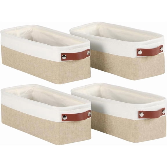 4 count Small Fabric Storage Bins,15x6x5 inch Long Narrow Storage Baskets with PU Handles for Closet,Cabinet,Countertop Organizing Small Items,Khaki