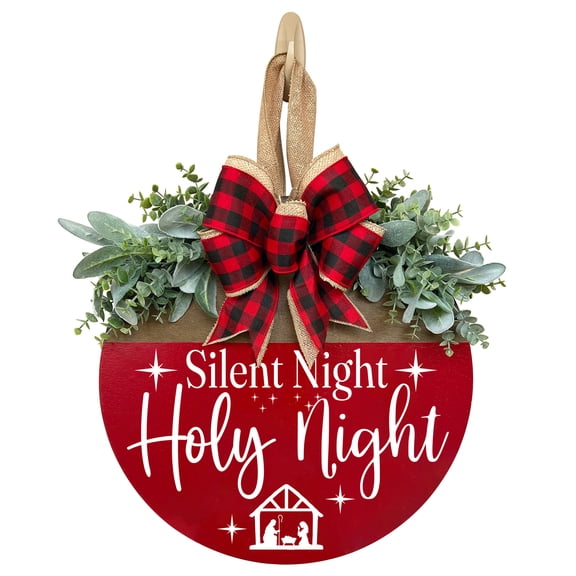 Silent Night Holy Night Christmas Door Sign, 12 inch Round Wooden Front Door Hanger with Nativity Scene, Buffalo Plaid Bow and Faux Greenery, Farmhouse Holiday Porch Wall Decor