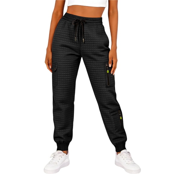 Womens Waffle Cargo Joggers Drawstring Elastic Waist Pants Casual Loose Solid Color Sweatpants with Pockets New Black XXL