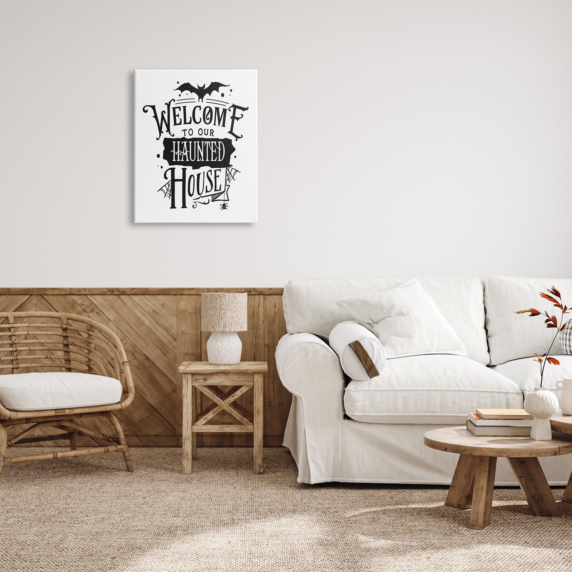 Welcome Haunted House Halloween Bat Spider Webs Inspirational Graphic Art Gallery-Wrapped Canvas Print Wall Art