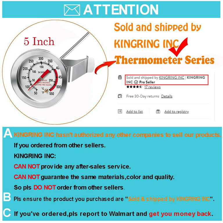Meat Thermometer 2.4 inch Large Dial Poultry BBQ Meat Thermometer Stainless  Steel Food Grade Safe Waterproof 4.9 inch Long Probe Cooking Food