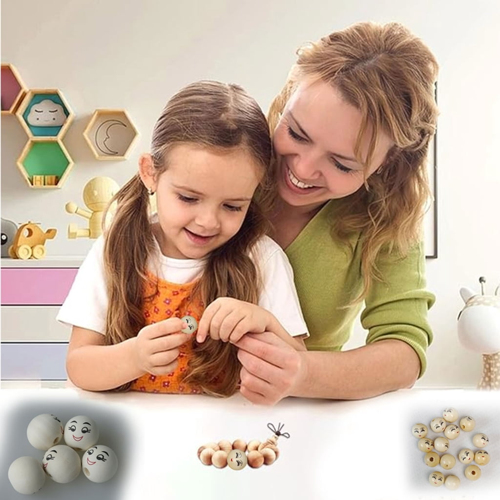 100Pcs Smiles Wood Beads Natural Wood Beads for Crafting Wooden Faced Beads, Wooden Balls with Hole for DIY Decor Craft