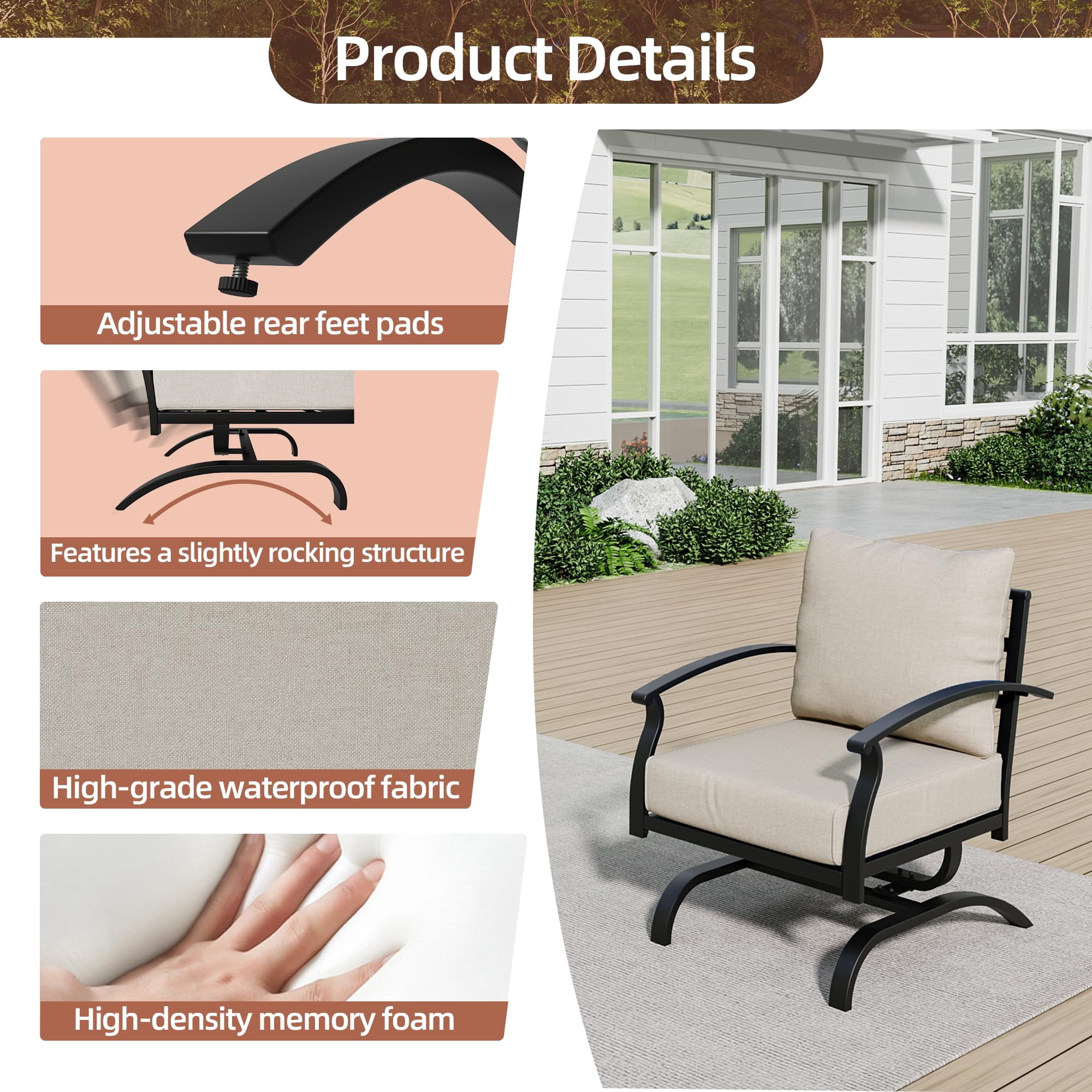 Gotland Metal Patio Furniture Set 5-Seat Modern Metal Bistro Set Outdoor Conversation Sets, 2 Piece Patio Rocker Chairs with Thick Cushion and Coffee Table for Garden Backyard Deck Lawn, Sand