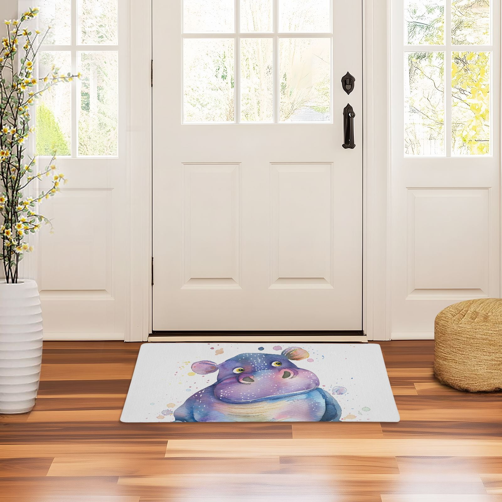JSTEL Watercolor Hippo Hippopotamus Front Door Mat Outside Entrance 32x20 Inch Doormat for Outdoor Indoor Washable Non Slip Floor Mats
