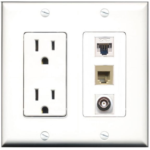 RiteAV - 15 Amp Power Outlet 1 Port Phone Beige 1 Port BNC 1 Port Cat5e Ethernet White Decorative Wall Plate