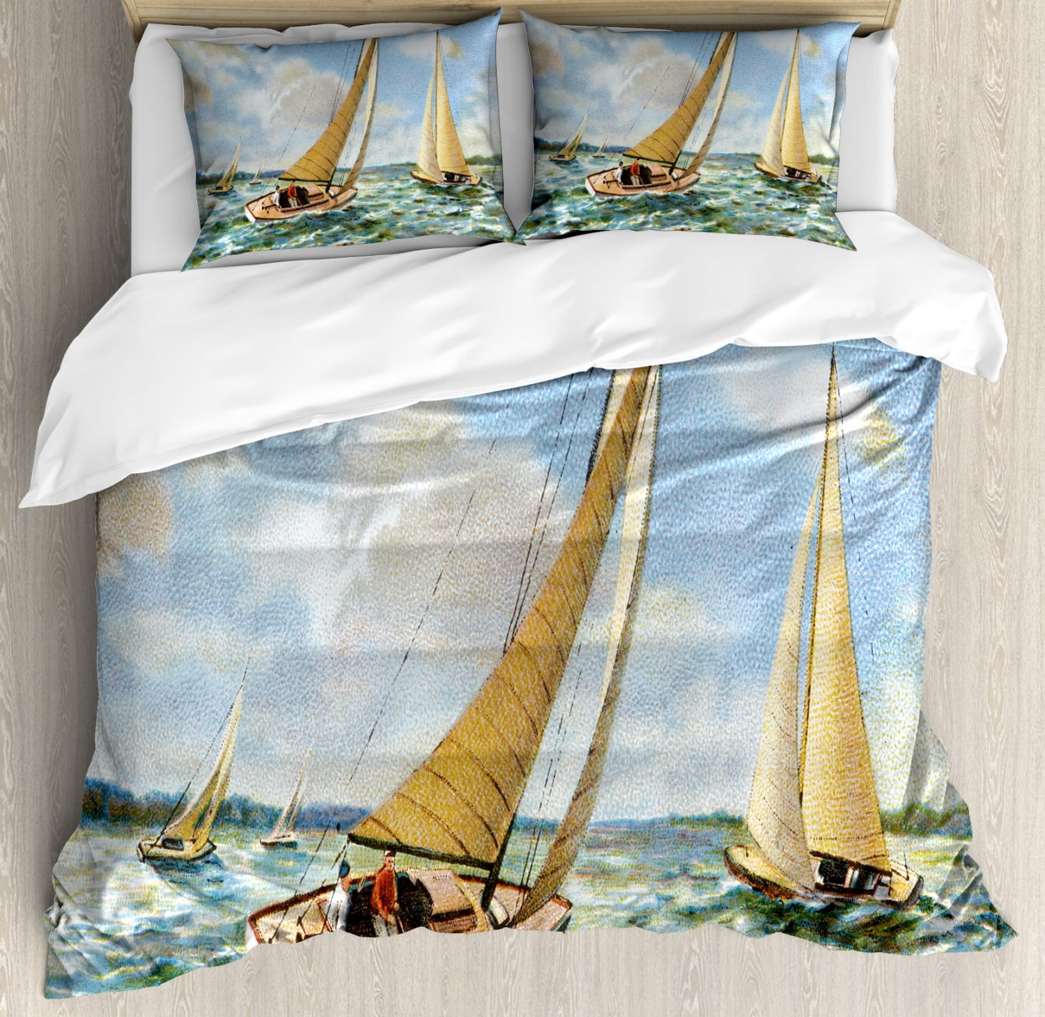 Vintage Boat Queen Size Duvet Cover Set, Sailing in Wavy Windy Sea