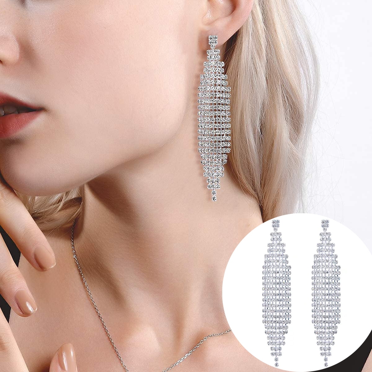 FOCALOOK Long Crystal Tassel Earrings for Women Bridal Dangling Silver