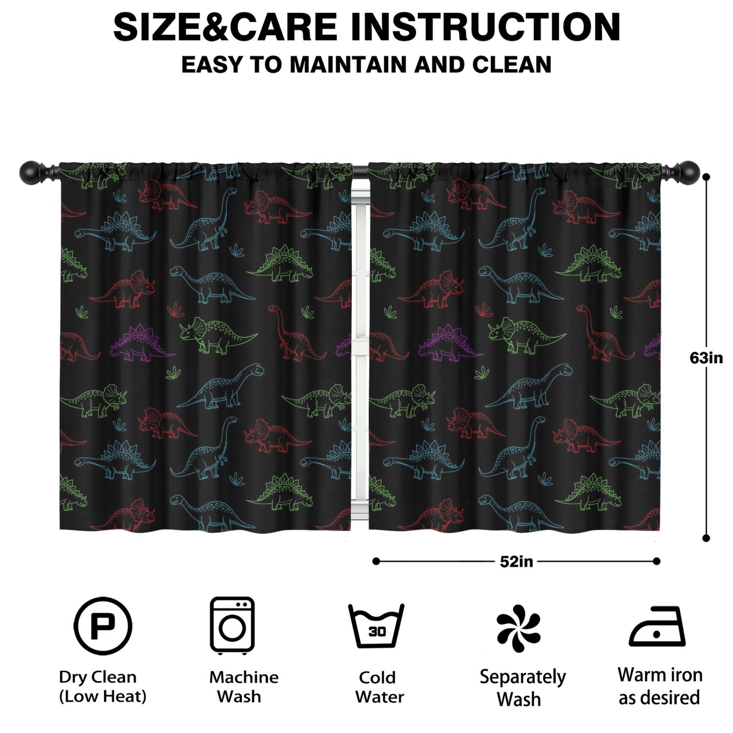 Blackout Kids Curtains,Neon Outline Dinosaurs Childrens Insulated Curtains Set Of 2,Bedroom Essentials,Toddler Room Decor 52"x63"